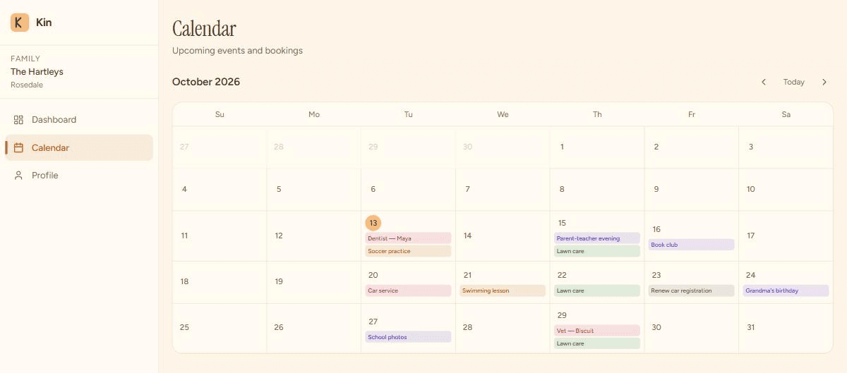 Kin's calendar for October, showing a dentist appointment, soccer practice, a parent-teacher evening, a car service, and lawn care repeating every Thursday.